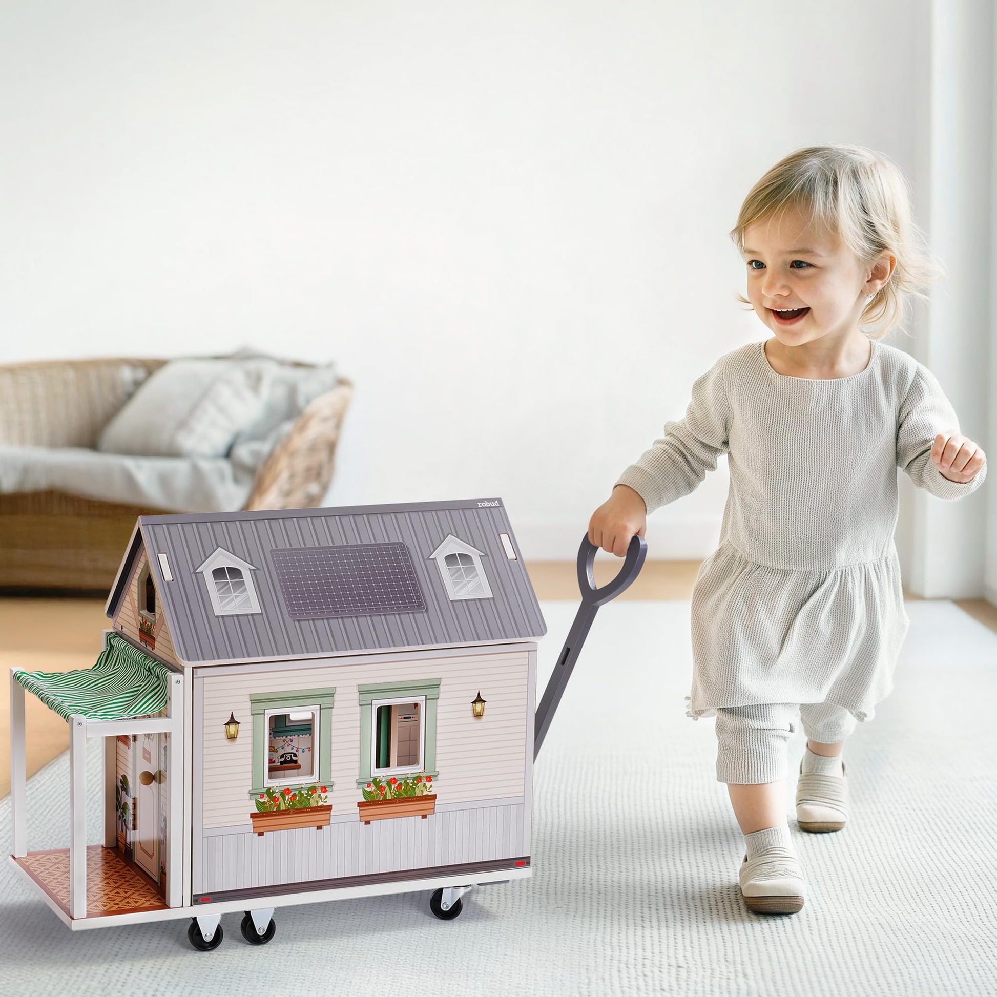 ROBUD Doll House - Wooden Realistic Camper Van Dollhouse with Handle & Wheels, Includes Mini Kitchen, Bar, Bedroom & Outdoor Din