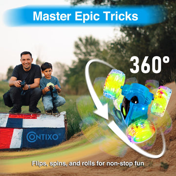Contixo RC Stunt Car 4WD 2.4GHz - Double-Sided 360 Rotating Remote Control Car with LED Lights, for Kids Age 4-12, Blue