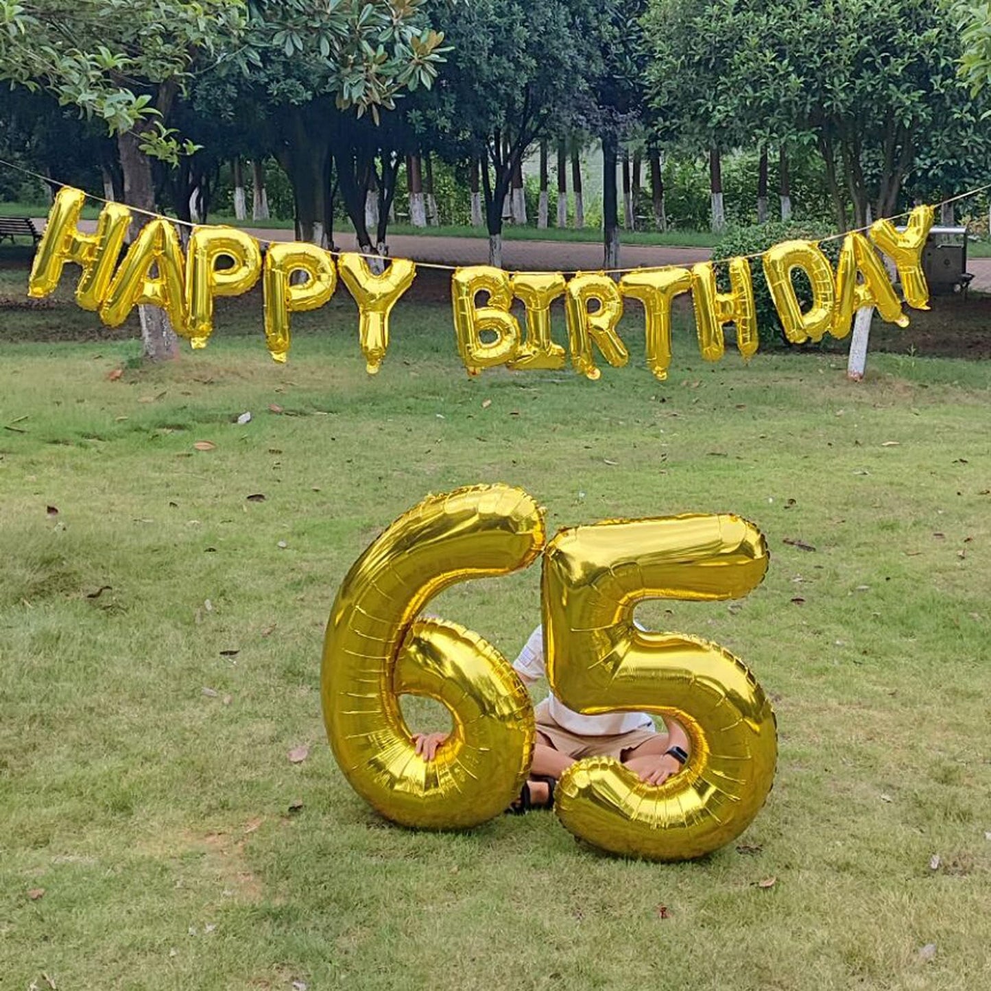 SHUNTAI 65th Birthday Decorations - Gold Jumbo 65 Number Balloons & Happy Birthday Banner, Aluminum Foil for Men Women Party Supplies