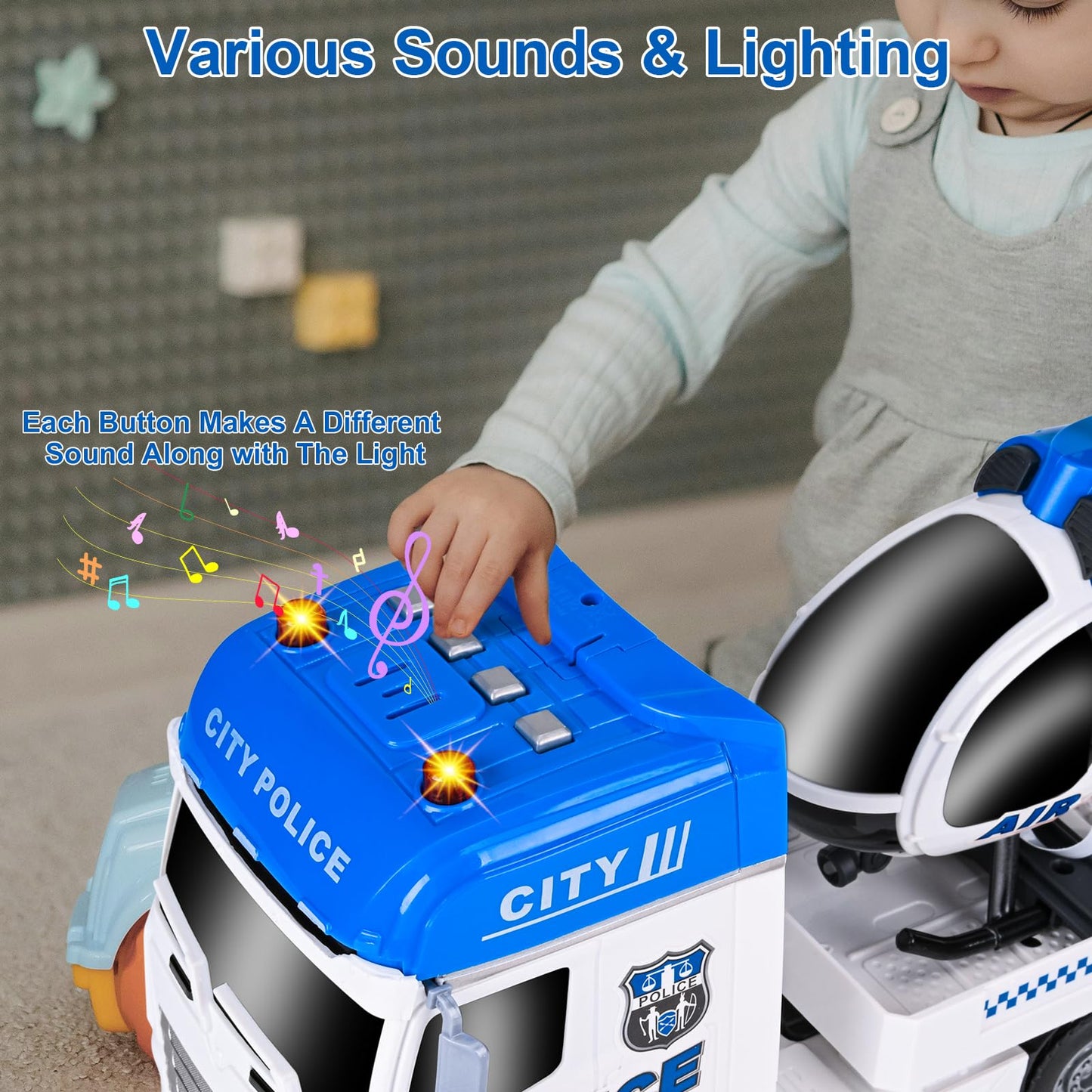 Zhfuys 25.6'' Semi Truck Toy, Big Truck Toy With Police Car And Helicopter, Police Toys With Sounds & Lights, Great Gift For 3+Y
