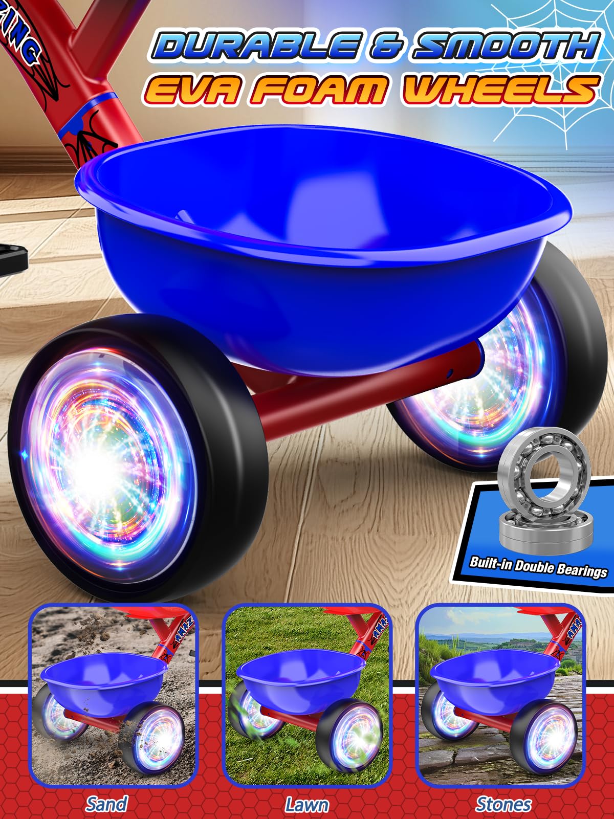 Tricycle For Toddlers 1-3 3-5 Year Olds, Spider Toddler Bike Baby Balance Bike With Colorful Lighting Wheels & Large Basket, Bir