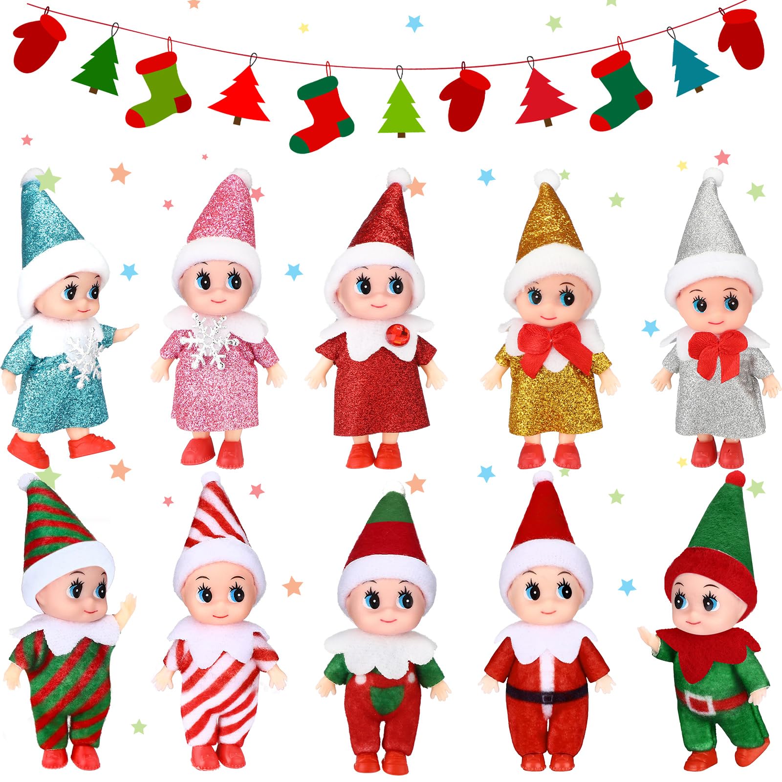 HyDren 10 Pcs Christmas Elf Tiny Plush Elf Colorful Christmas Mini Holiday Stocking Stuffers Xmas Miniature Toys for Advent Cale