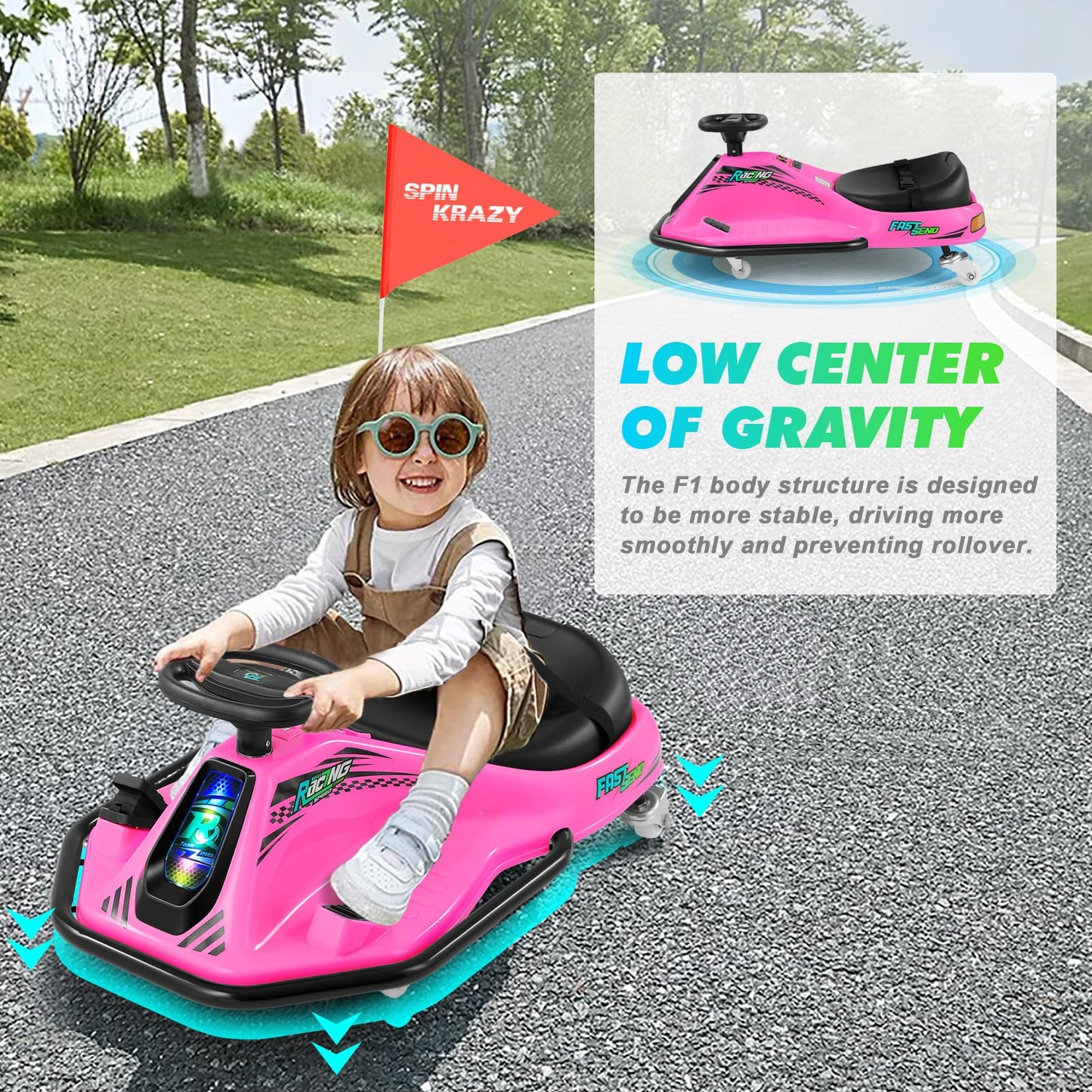 360 Degrees Rotating Ride On Drift Car, 24V Electric Drifting Go Kart For Kids W/Replacement Wheels, High/Low Speed, 24V Brushless Motor, Flashing Lights, Flag, Music,Bluetooth (Pink)