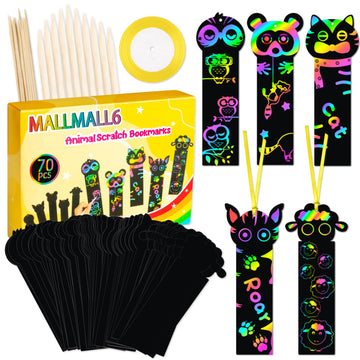 Mallmall6 70Pcs Animal Scratch Bookmarks Scratch Diy Hang Tags Party Favors Theme Birthday Party Classroom School Supplies Decorations Crafts Kit For Kids