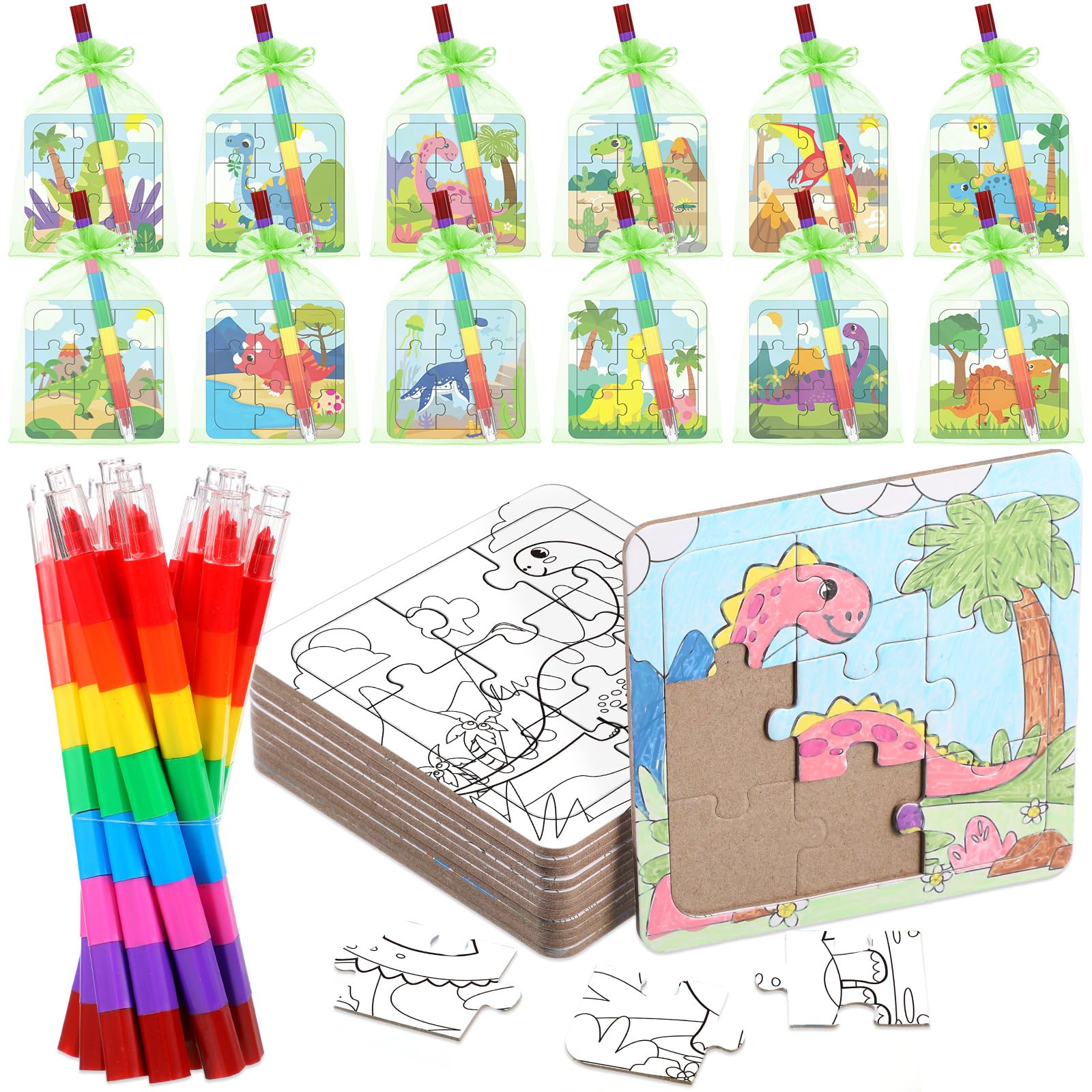 Fullhawl 12 Sets Dinosaur Puzzles for Dinosaur Theme Color Your Own Puzzles DIY Dino Jigsaw Crafts with 12 Stackable Crayons and 12 Bags for Tropical Jungle Gifts Birthday Party Supplies Favors