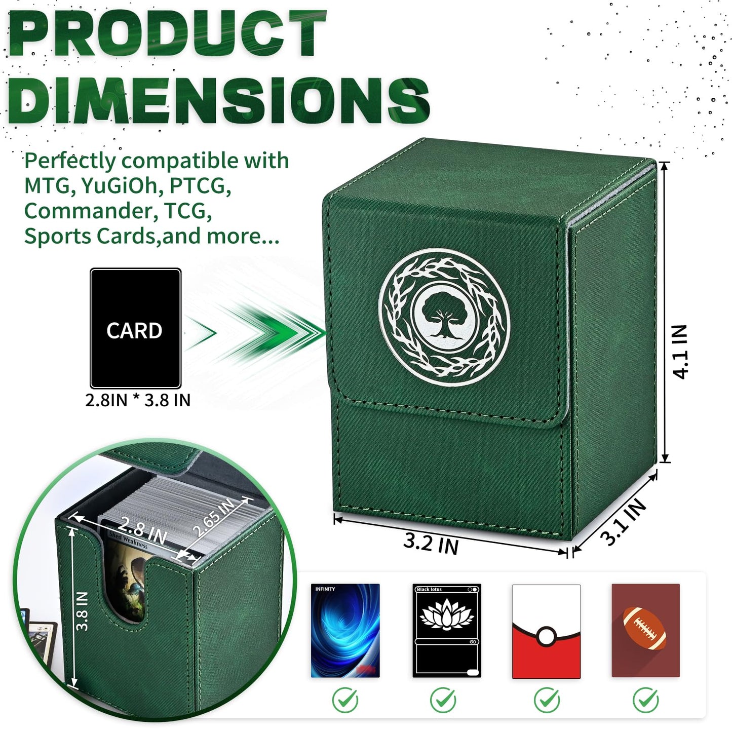 Infinity Guard Card Deck Box For Mtg, Magic Commander Deck Box Fits 200+ Cards Without Sleeves For Tcg Ccg Trading Cards (Green)