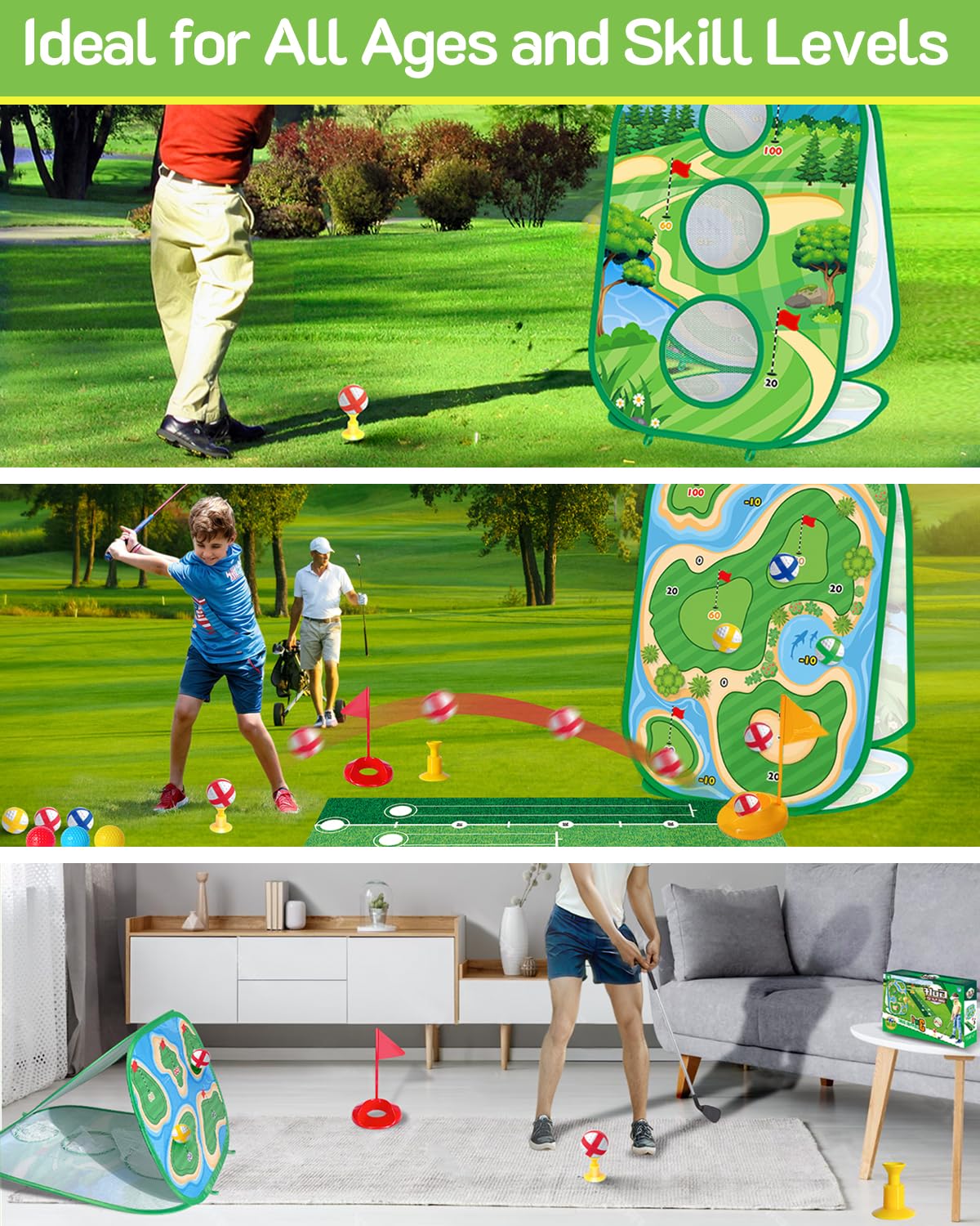 YSZZYSM 4-In-1 Kids Golf Games Set - Chipping Net, Putting Mat, Cornhole Board - Indoor/Outdoor - Blue - Model 7888-32 - 25.