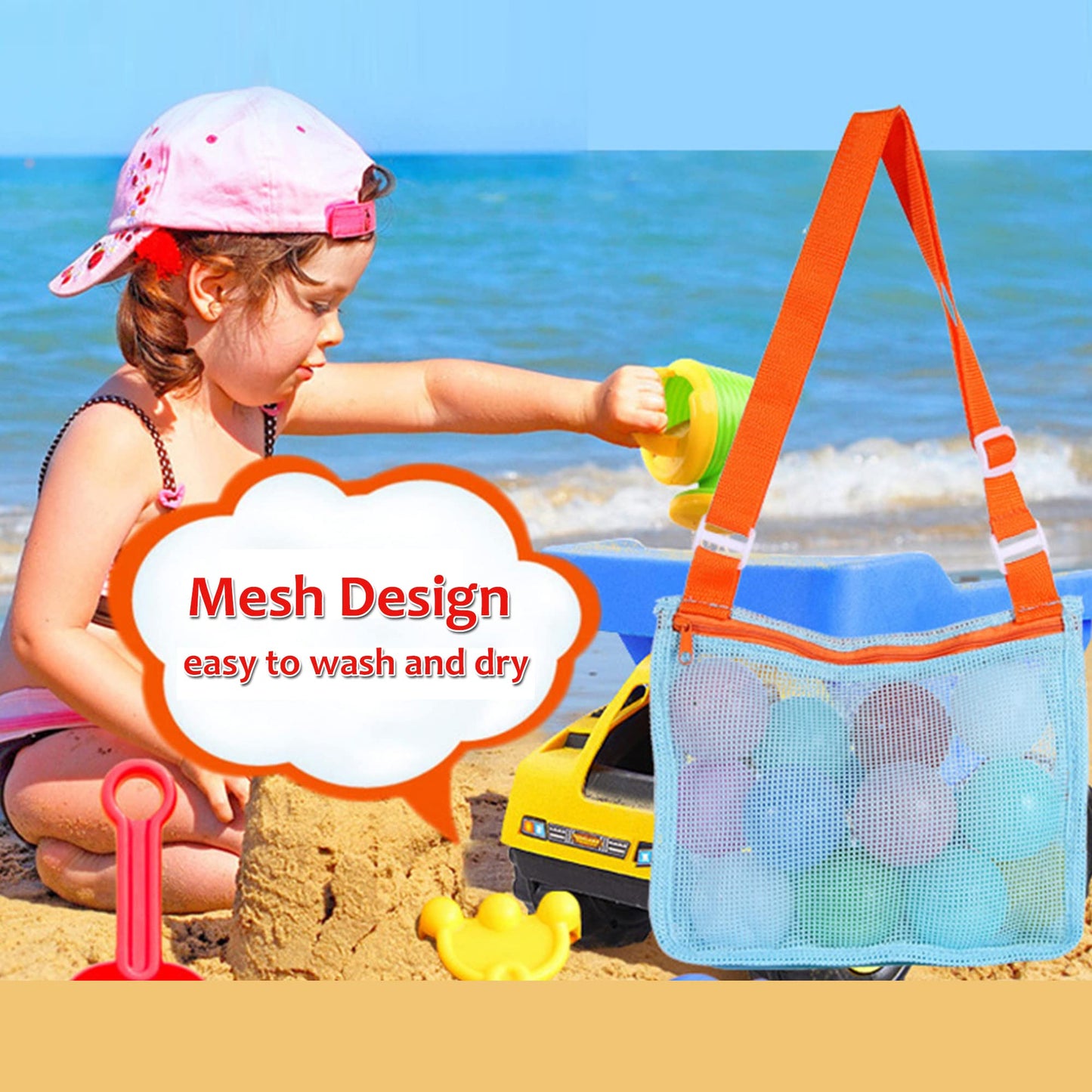 UTTPLL Mesh Beach Bag Adjustable Kids Quick Dry Colorful Net Tote for Seashell Collecting Beach Totes Swimming Accessories for T