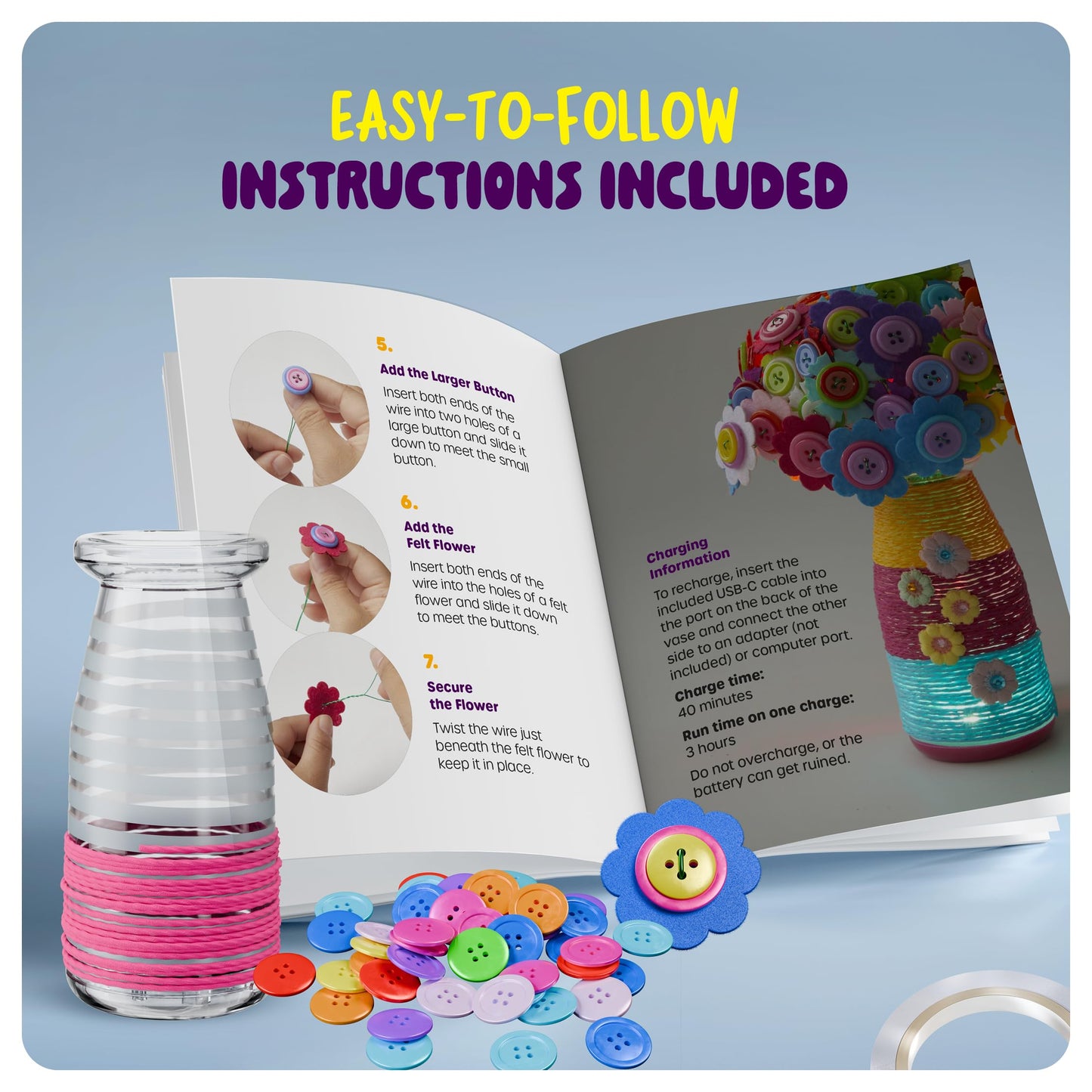 Dan&Darci Light Up Button Flower Craft Kit for Kids, Multi-colored, Medium, Ages 4-8, Arts & Crafts Gift