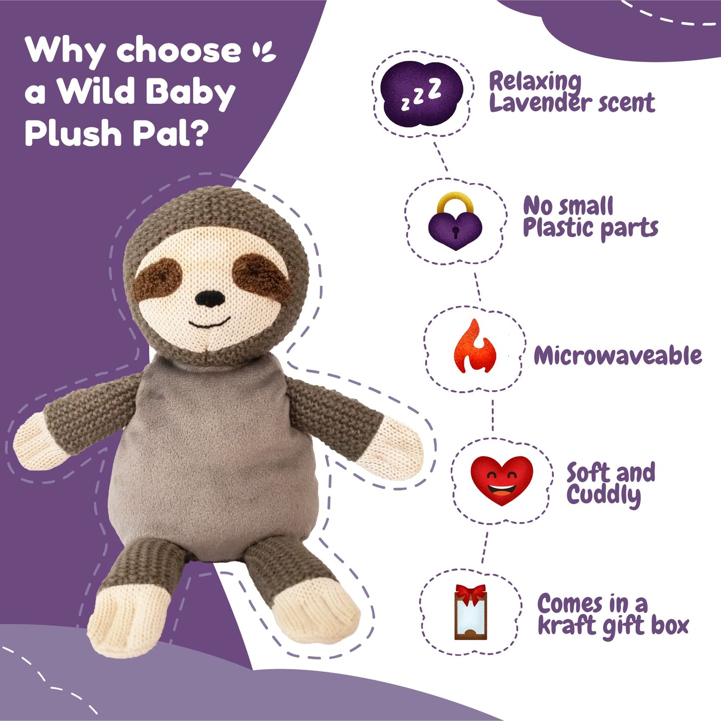 WILD BABY Sloth Stuffed Animal - 10" Heatable Plush Toy with Lavender Scent, Perfect for Kids