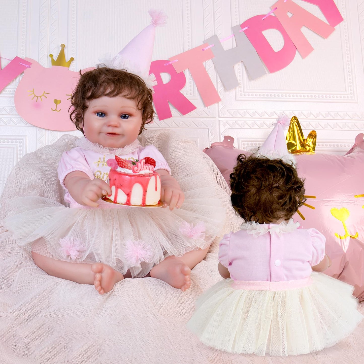 Aori Reborn Doll Clothes For 17-20 Inch Dolls 3Pcs Newborn Baby Girl Outfit Set (Pink Bodysuit + White Tutu Skirt + Birthday Hat