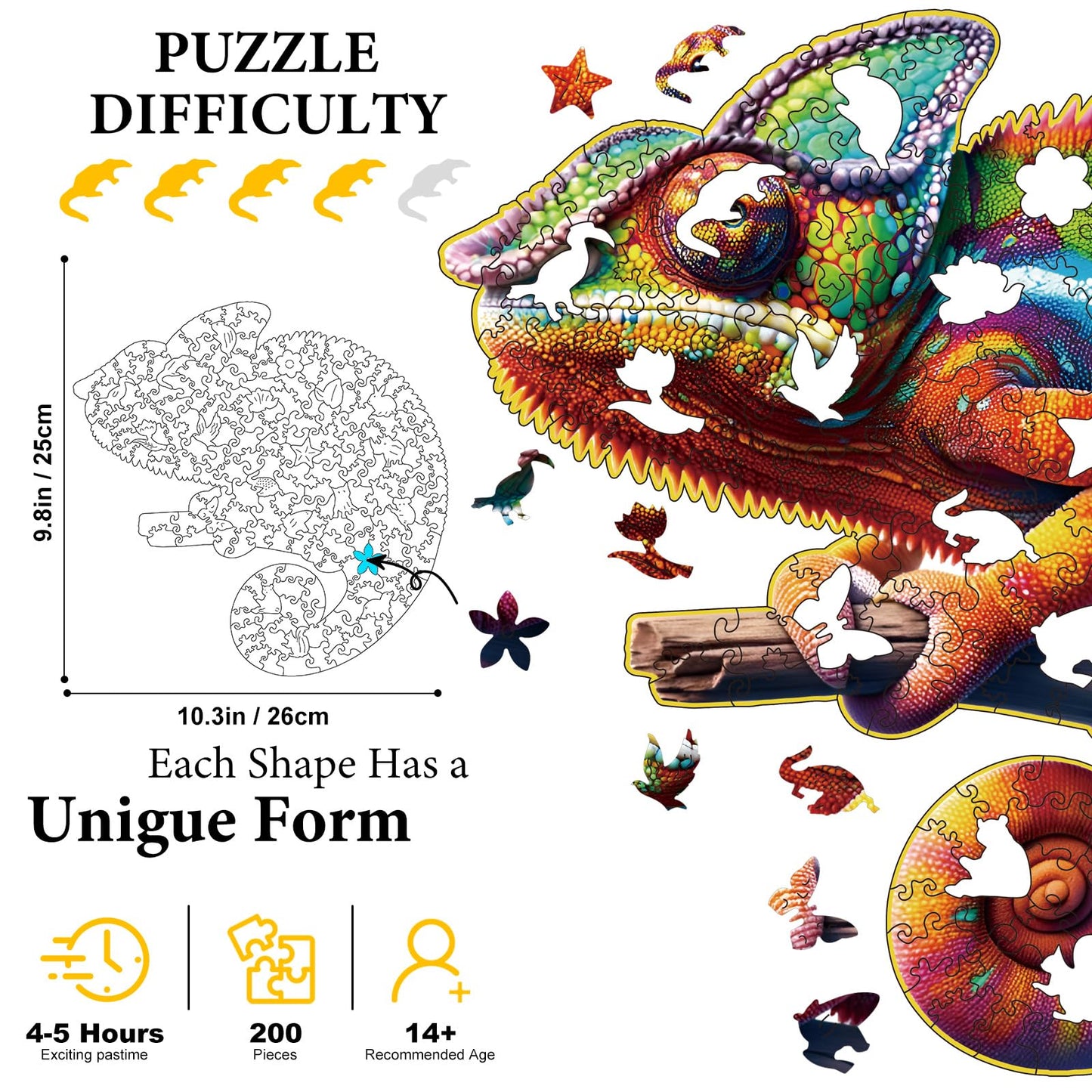 Amphol Wooden Jigsaw Puzzles, 200 Pieces Lizard Wooend Puzzles For Adults With Unique Shape, Medium 9.8''X10.3'' Wooden Puzzles