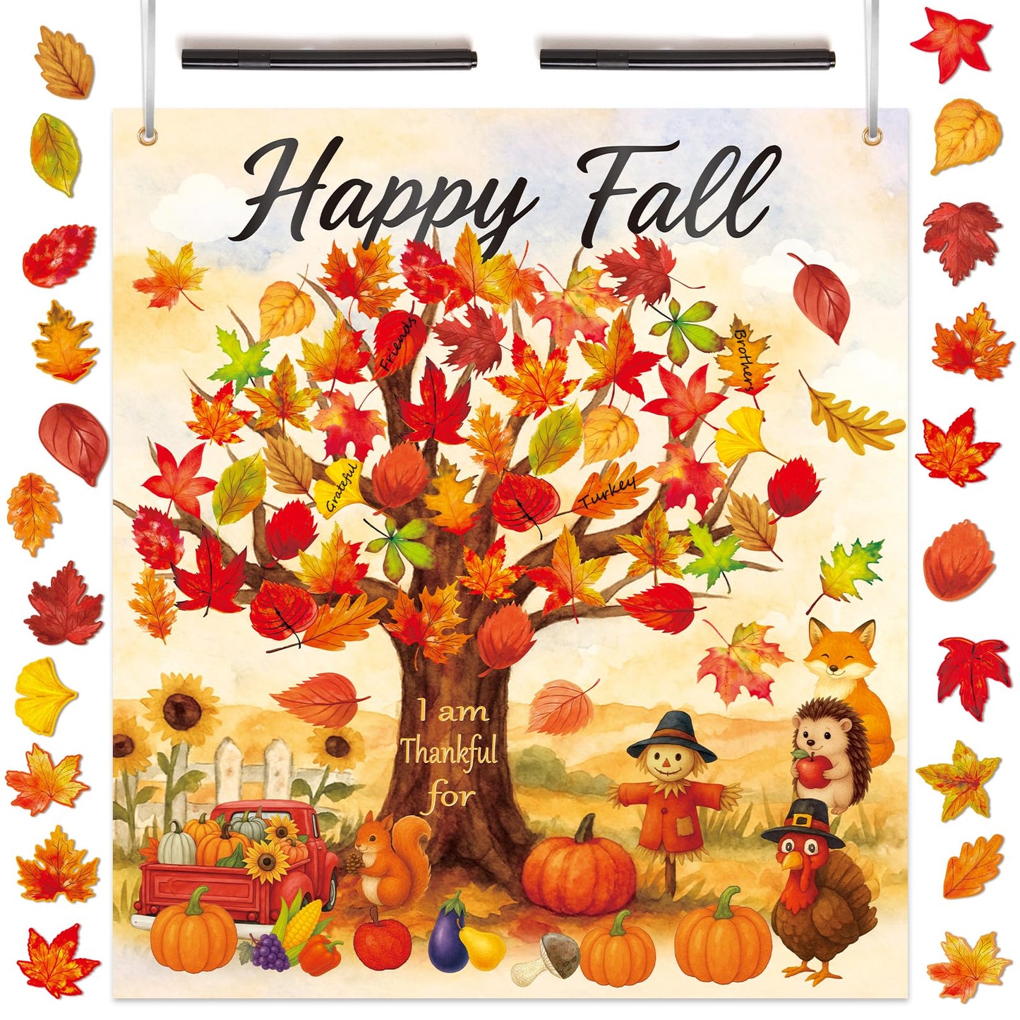 80UncleKimby 74Pcs Fall Thanksgiving Tree Craft Kit - DIY Felt Thankful Tree with Autumn Maple Leaves Ornaments for Bulletin Boa