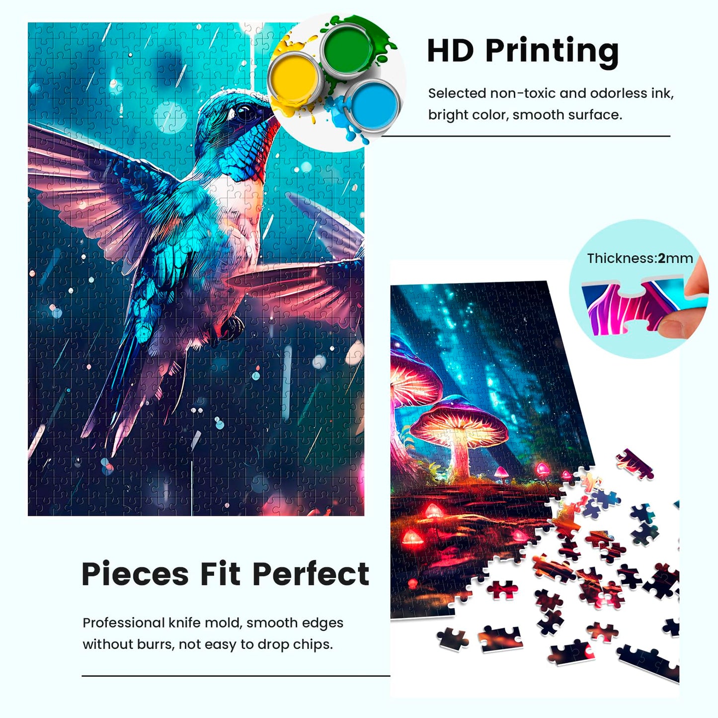 Edsjegn 2 Pack 1000 Piece Puzzle for mature-themeds Jigsaw Puzzles 1000 Pieces 2000 Piece Puzzles for mature-themeds Hummingbird Mushroom Jigsaw Puzzles White Elephant Gifts
