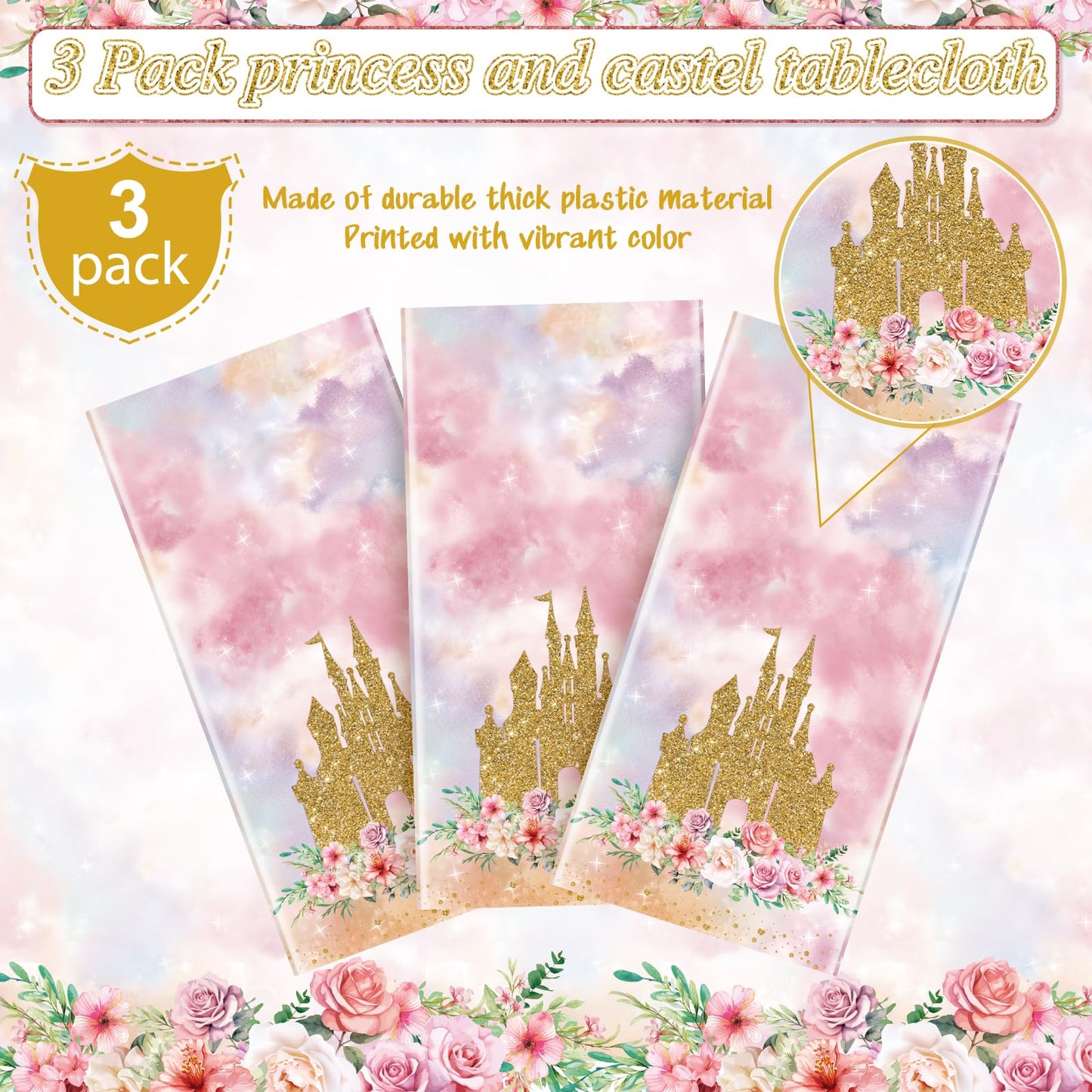 1 Pack Princess Tablecloths Birthday Decorations,Plastic Pink Rose Castle Table Cloth for Parties,Disposable Rectangle Floral Ta