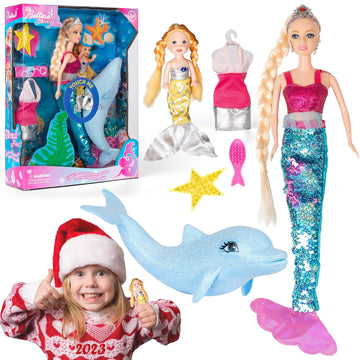 Yellow River Mermaid Princess Doll Playset, Color Changing Mermaid Tail By Reversing Squins, 12' Fashion Dress Doll With 3' Little Mermaid Dolphin And Accessories, Mermaid Gift For Girls