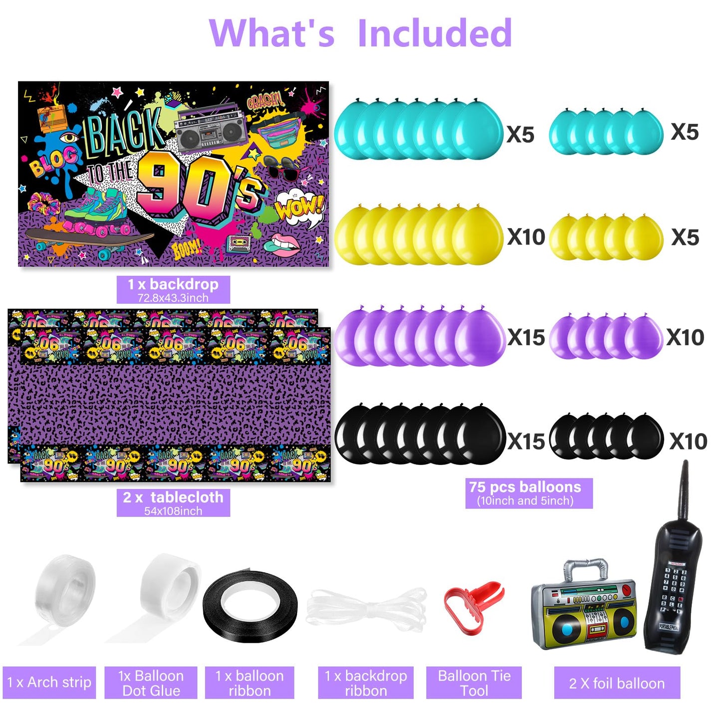 80S 90S 50S Party Decorations 80'S 90'S 50'S Party Bundle Includes Inflatable Radio Boombox And Mobile Phone, Back To 80S 90S 50S Backdrop, Tablecloth, 75 Pcs Balloons For Hip Hop Party(90S Style)