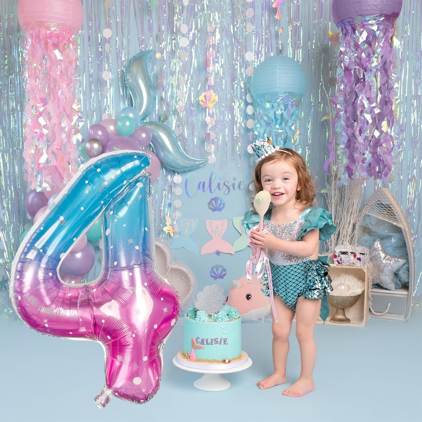 Purple Teal Number 4 Balloons, 40 In Large Mermaid Starry Number 4 Mylar Foil Helium Balloons For Girls, Self Inflating Rainbow