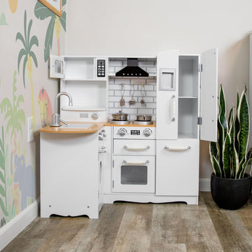 Sunnydaze Cozy Corner Interactive Play Kitchen Set For Kids - Wooden Kitchen Playset With Stainless Steel Accessories - White
