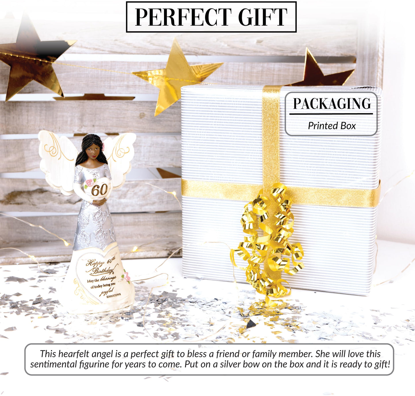 Pavilion Gift Company - Happy 60Th Birthday - 6' Ebony African American Angel Figurine Religious Best Friend Bestie Bff God Jesus Lover Christian Christ Gift Present