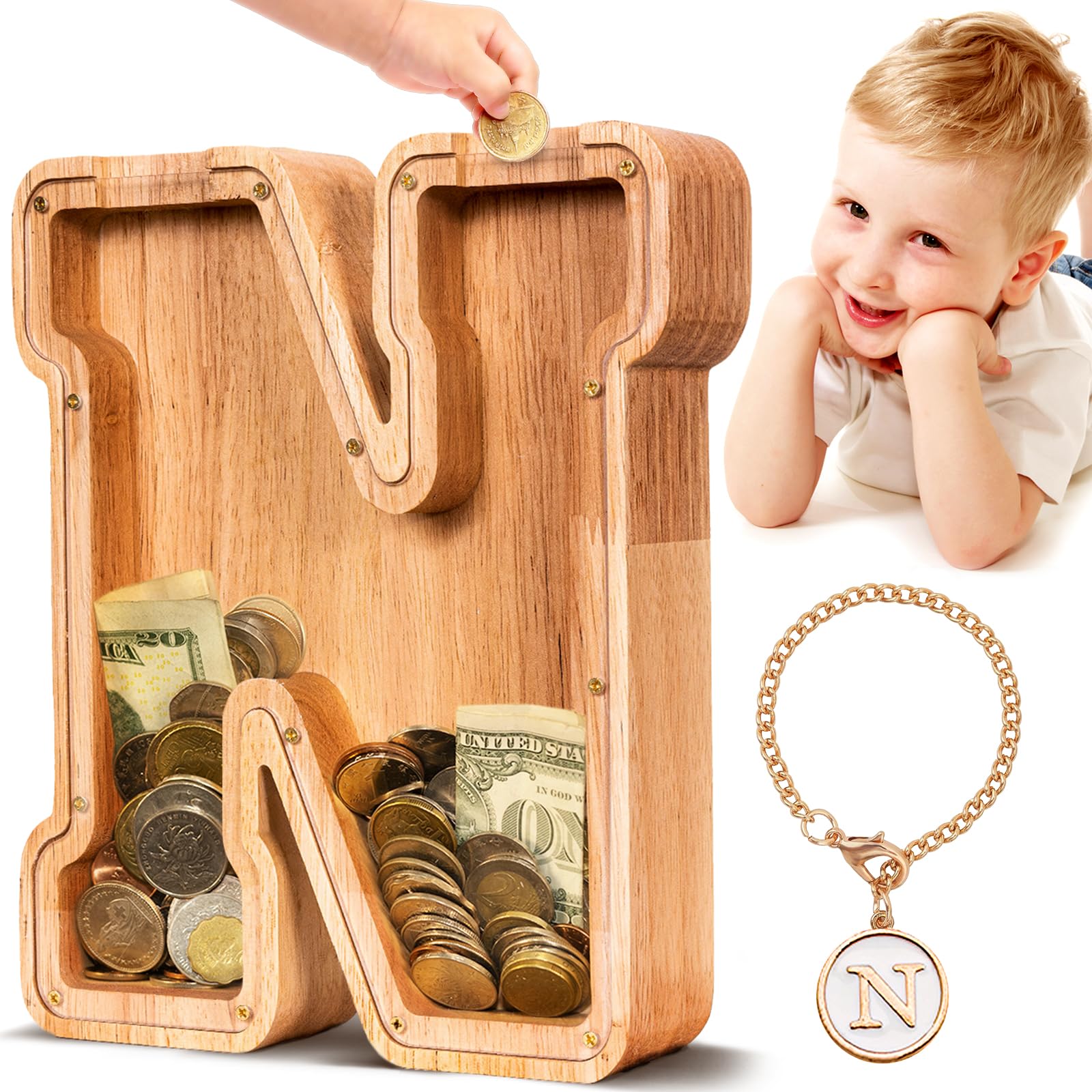 SummiDate Wooden Letter Piggy Bank| Piggy Bank for Boys Girls Toddler| Alphabet N Money Bank| Coin Bank Birthday Gift for Kids|Birthday Gift for Kids (N)