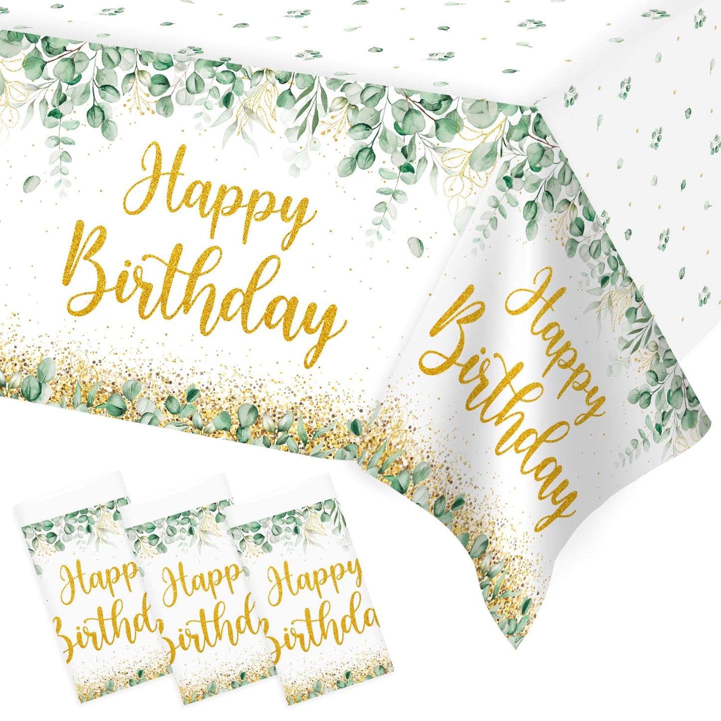Lopeastar 3Pcs Neutral Sage Green Birthday Decorations Tablecloths, Glitter Gold Happy Birthday Table Cover, 54 x 108 Inch Large