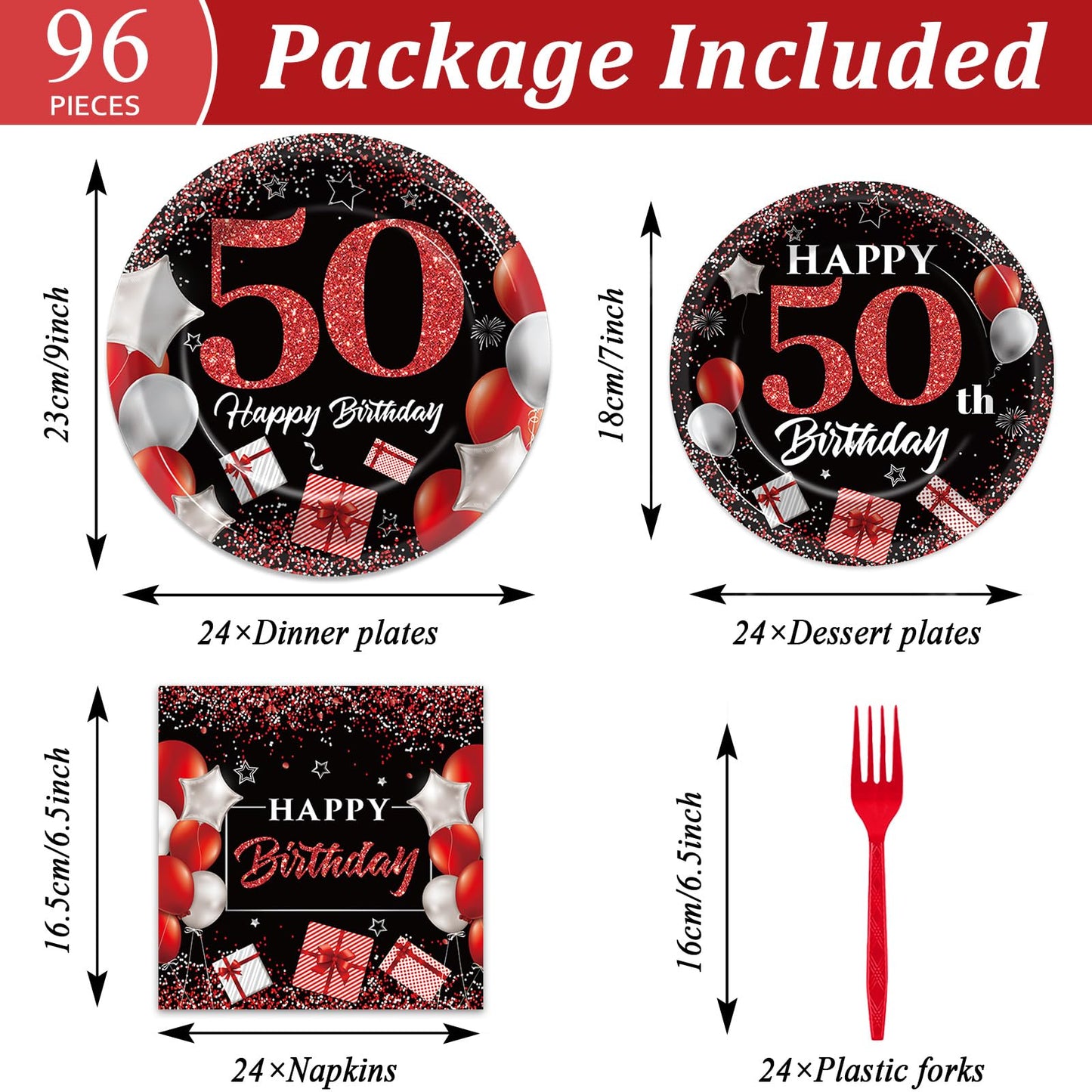 96 Pcs 50th Birthday Plates and Napkins Party Supplies 50 Years Old Birthday Party Tableware Set Red Black Dinner Dessert Plates