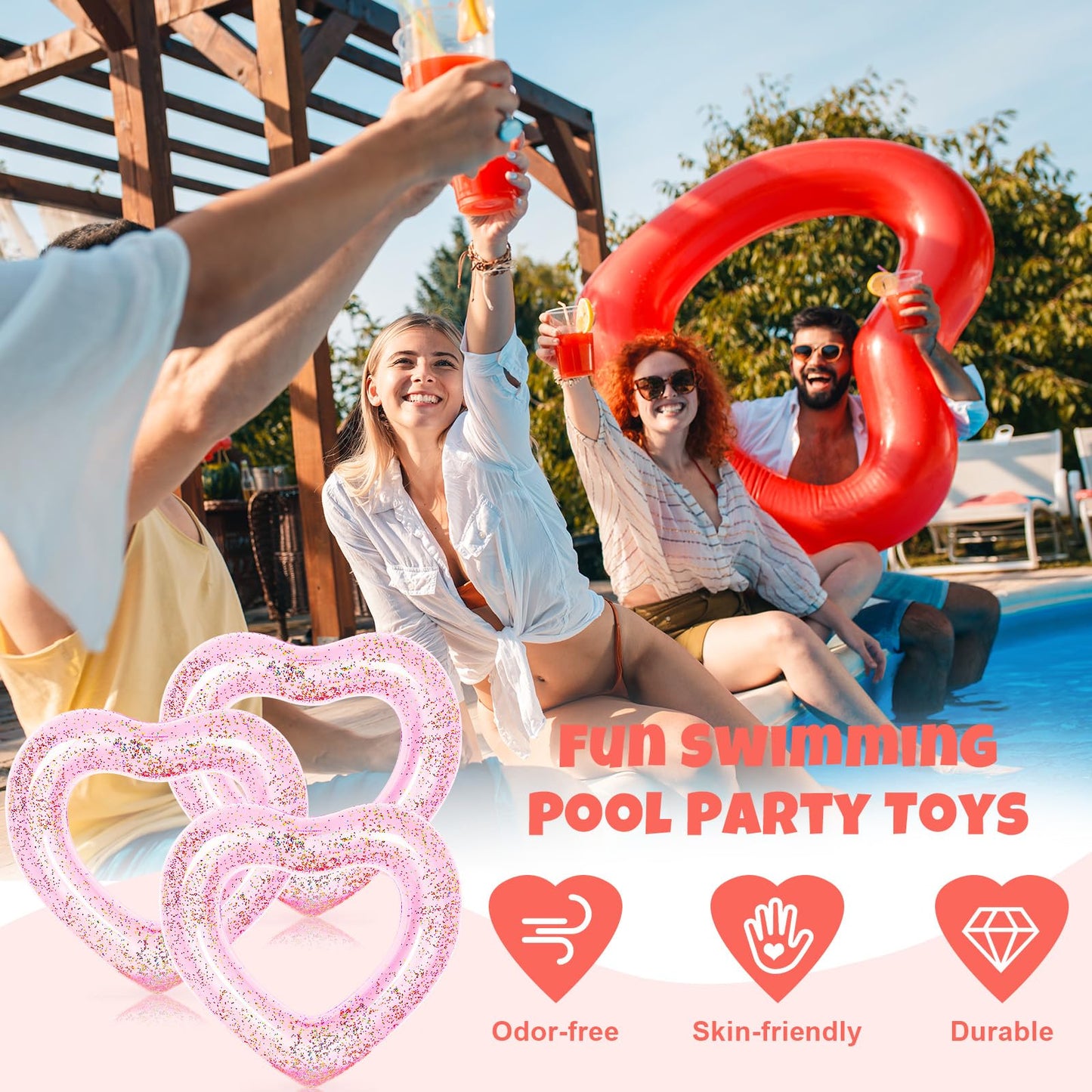 Whaline 3Pcs Inflatable Heart Pool Float With Glitter Inside Pink Swim Pool Rings Float Loungers Tube For Summer Pool Beach Bach