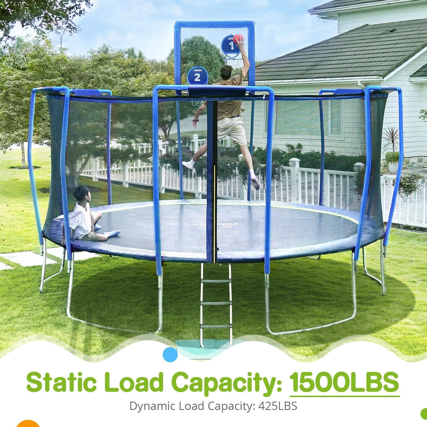 Zupapa Trampolines No-Gap Design 1500 LBS Weight Capacity 16 15 14 12 10 8FT for Kids Children with Safety Enclosure Net Outdoor