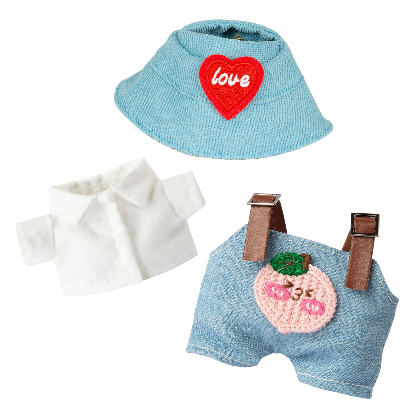 17cm Doll Clothes - Kawaii Chic Style Set for 17cm Dolls  Cute Doll Outfit with Accessories - White Shirt + Pink Peach Blue Romper + Heart Shaped Blue Hat (Clothes Only)