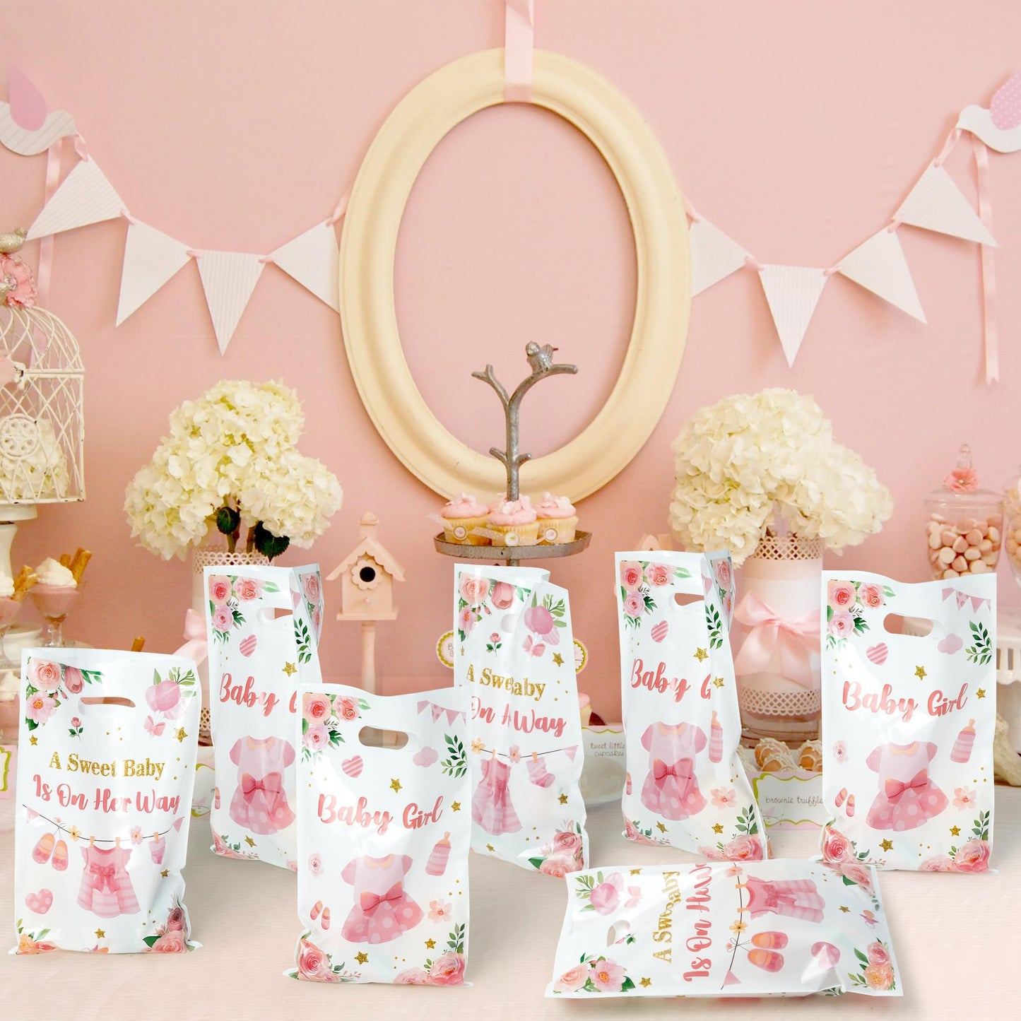ArianQicult 50Pcs Pink Floral Baby Shower Party Favor Bags, A Sweet Baby is on Her Way Goody Treat Bags, Its a Girl Pink Plasti