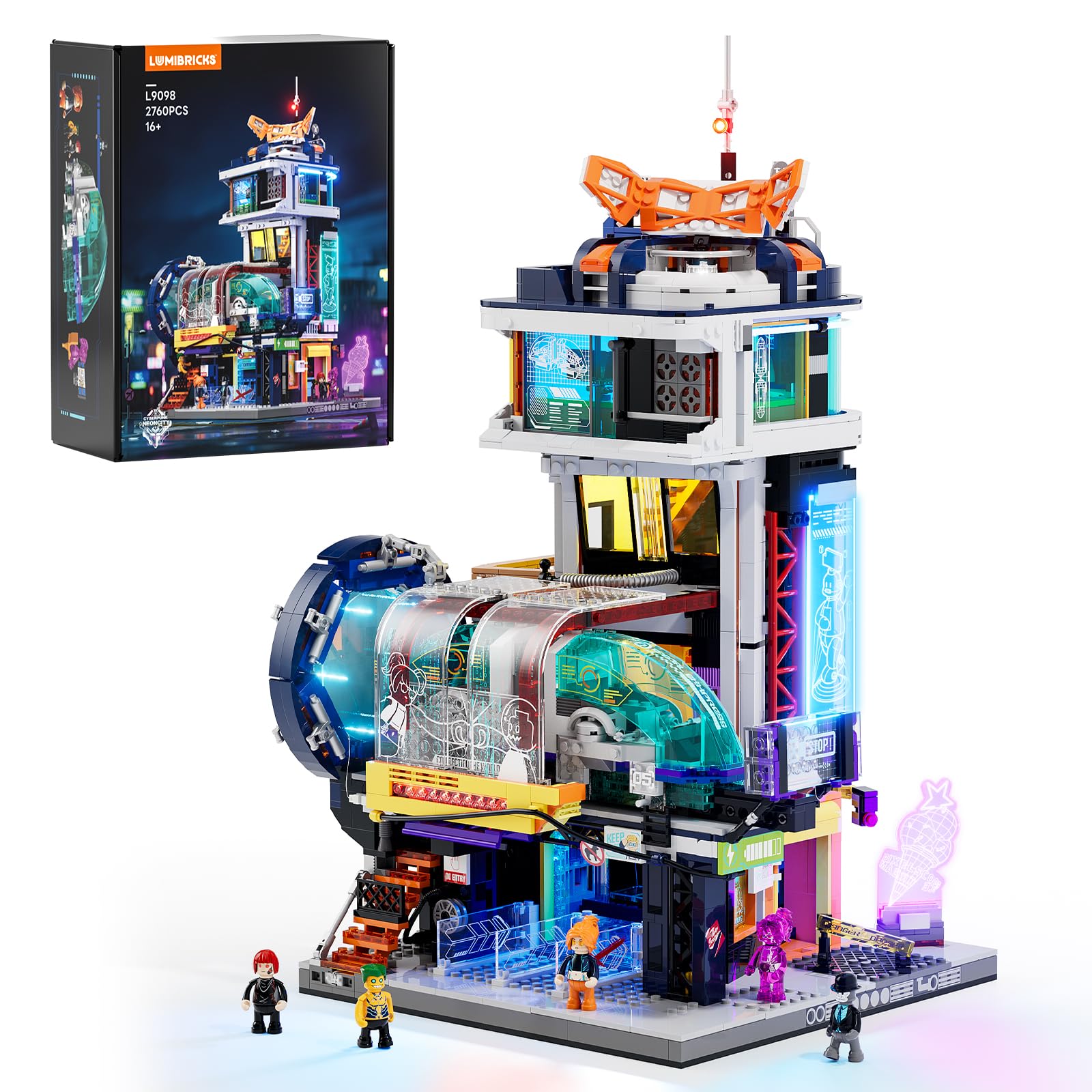 Lumibricks Cyberpunk Floating-Train-Station Lighting-Building-Bricks Set - Cyberpunk City Future Levitation Train Station Street View Collection LED Light Model 2760 Pcs for mature-themeds and Sci-fi Lovers