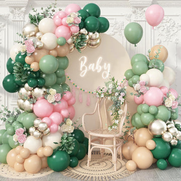 128Pcs Sage Green And Pink Balloon Arch Kit, Dusty Olive Green Blush Peach Beige Cream White Gold Latex Balloon Garland Kit For