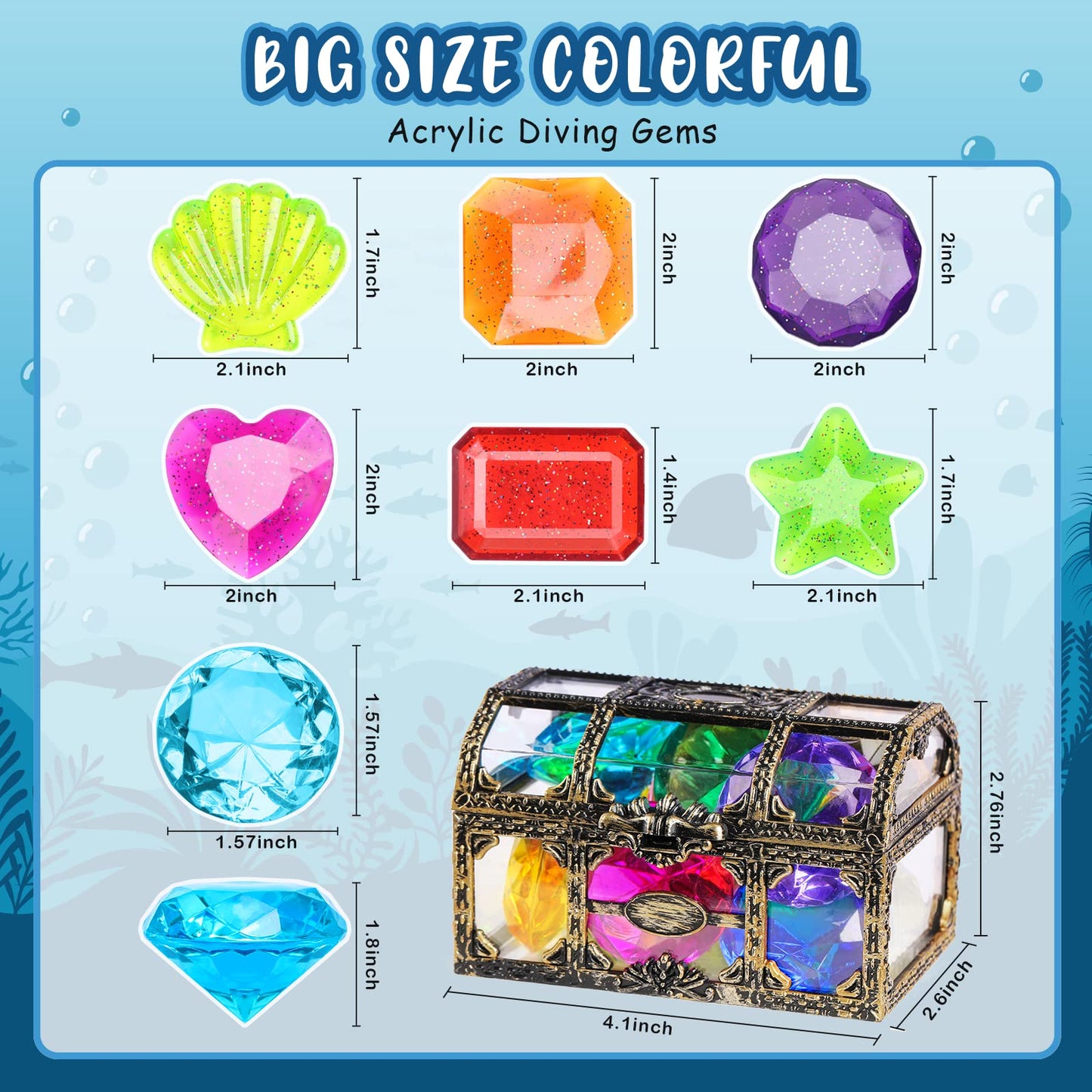 Dishio Diving Gem Pool Toys 16Pcs Large Swimming Pool Toy Set With Pirate Treasure Box Chest For Kids Toddlers Underwater Sinking Dive Gems Colorful Diamond Diving Toys For Swimming Training