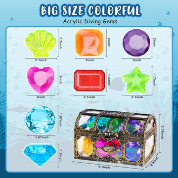 Dishio Diving Gem Pool Toys 16Pcs Large Swimming Pool Toy Set With Pirate Treasure Box Chest For Kids Toddlers Underwater Sinking Dive Gems Colorful Diamond Diving Toys For Swimming Training