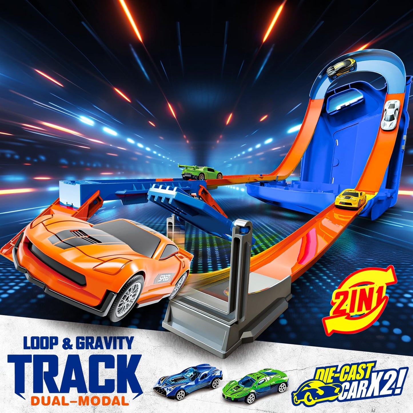 Race Track Toy Car Set with 2 Race Cars 2 in 1 Car Tracks Style with Storage Box Changeable Tracks Toys Birthday Gifts for Kids 3 4 5 6 7 8+Year Old Boys Girls (Blue)