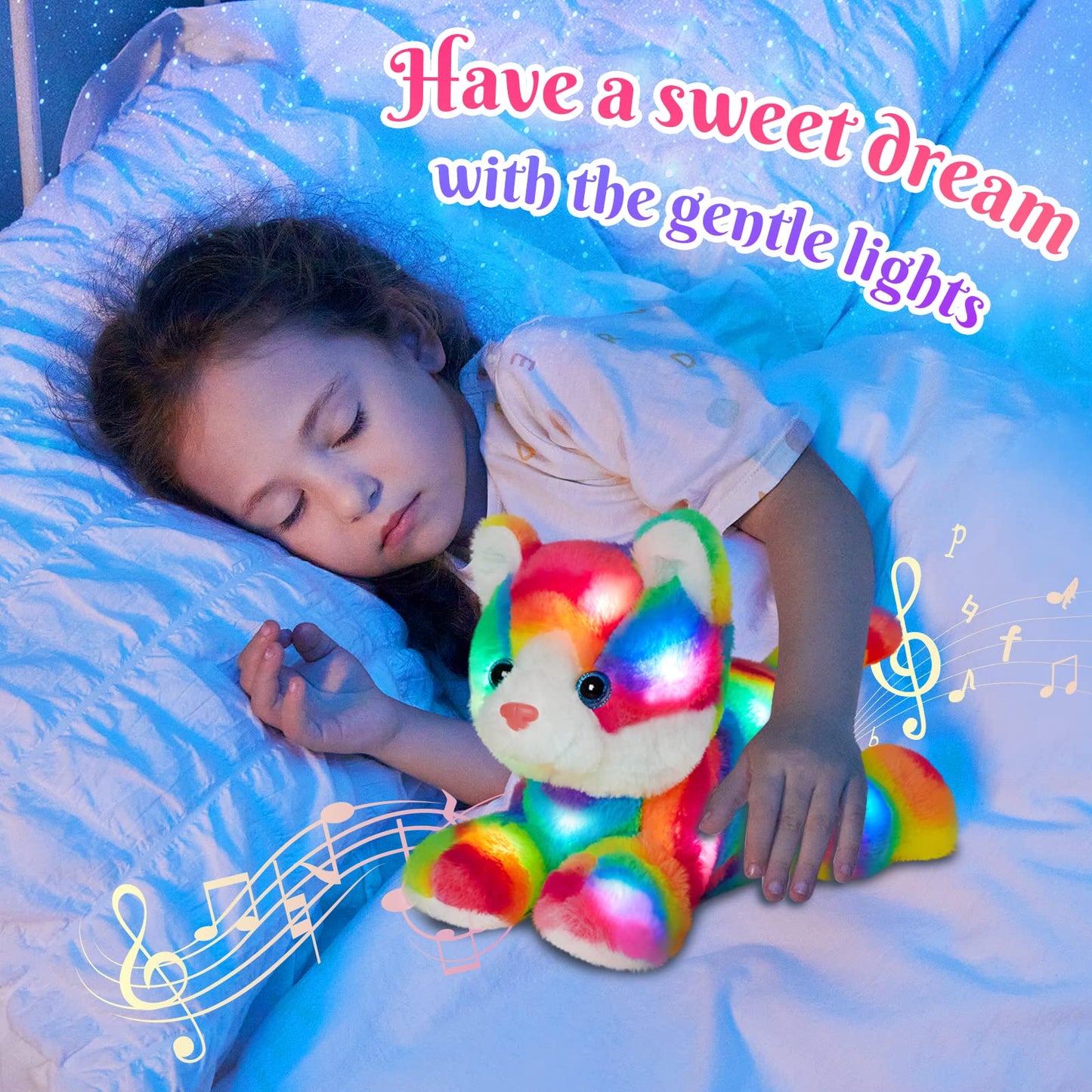 Glow Guards 13' Light Up Musical Rainbow Cat Stuffed Animal,Led Night Light Glowing Singing Snuggle Kitty Plush Toy Glow In The Dark,Christmas Birthday Gifts For Toddlers Kids Children