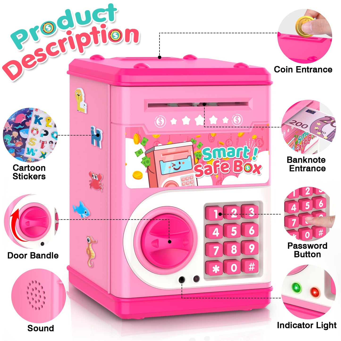 Pink Piggy Bank For Kids With Password Code Lock And Auto Grab Bill Slot, Philaeec Real Money Cash Coin Can Saving Box Electroni