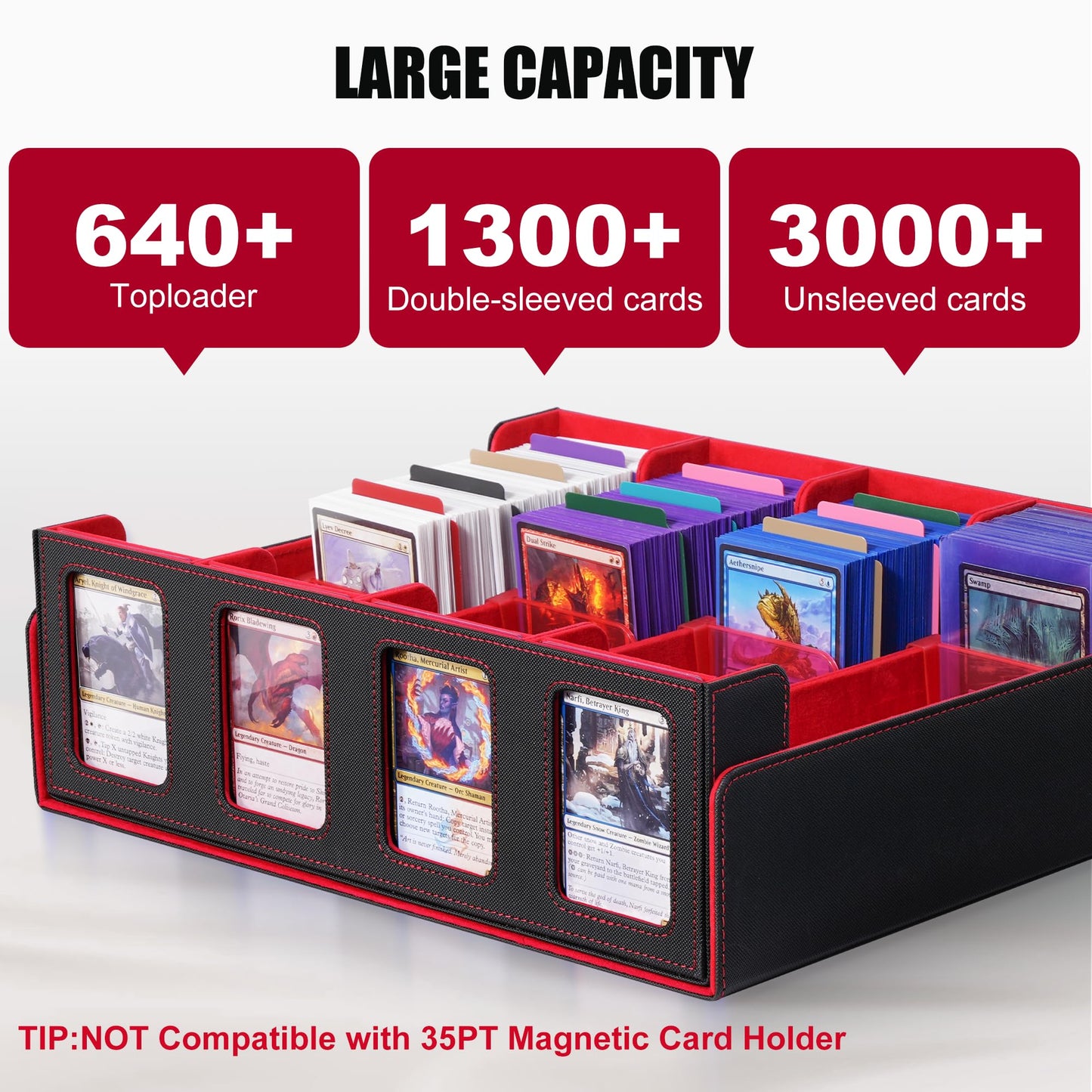 Kabinka Trading Card Storage Box with Commander Display  4-Row Deck Case with Removable Lid; 2400+ Card Deck Box for MTG TCG Sports Card  4 Toploaders  4 Stoppers  24 Dividers 1 Dice Bag (Black Red)