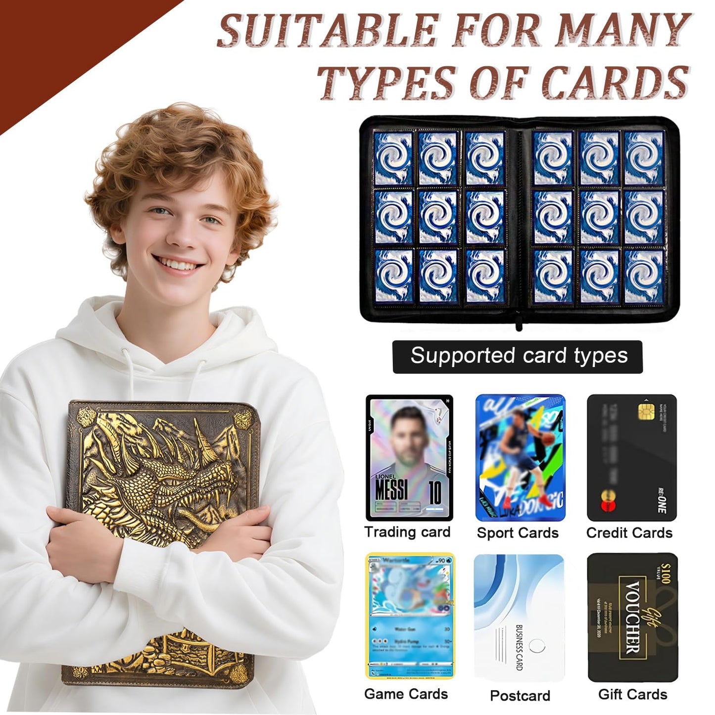 JiaoJiRen 9 Pockets Trading Card Binder-Holds 360 Cards Pockets Album 3D Leather Dragon Double Sided Pocket Zipper Binder for MTG TCG Game Sports Cards (Bronzed)