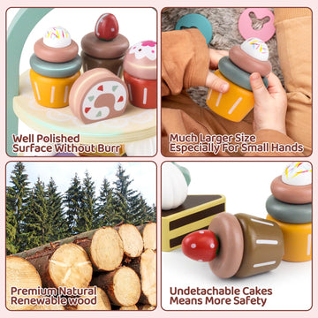 Wooden Cake Toys Tea Party Set, Desserts Food Toy with Cupcake Stand, Kids Pretend Play Kitchen Accessories, Wooden Play Food Se