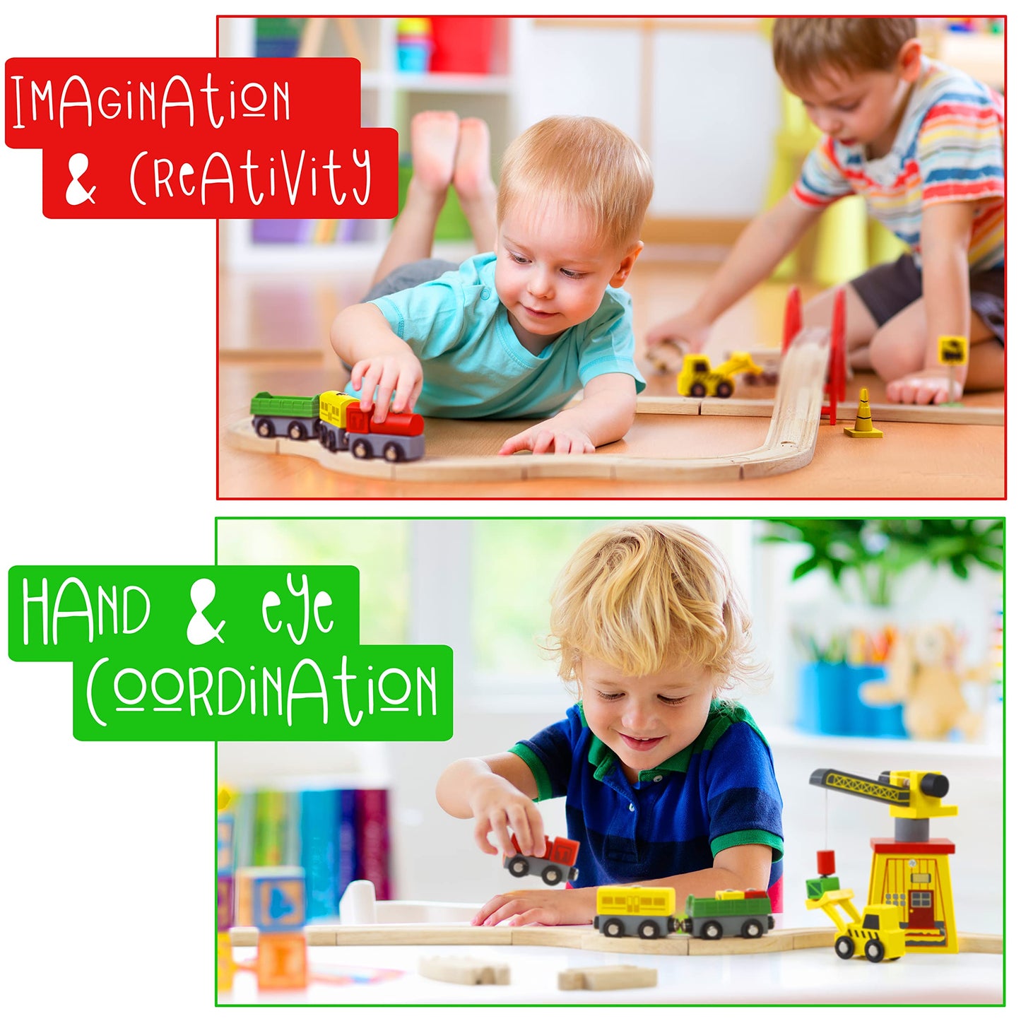 Kipipol Wooden Train Set – 38 Pcs for Toddlers – Multicolor with Crane & Tracks – Fits Thomas Brio IKEA Melissa & Doug