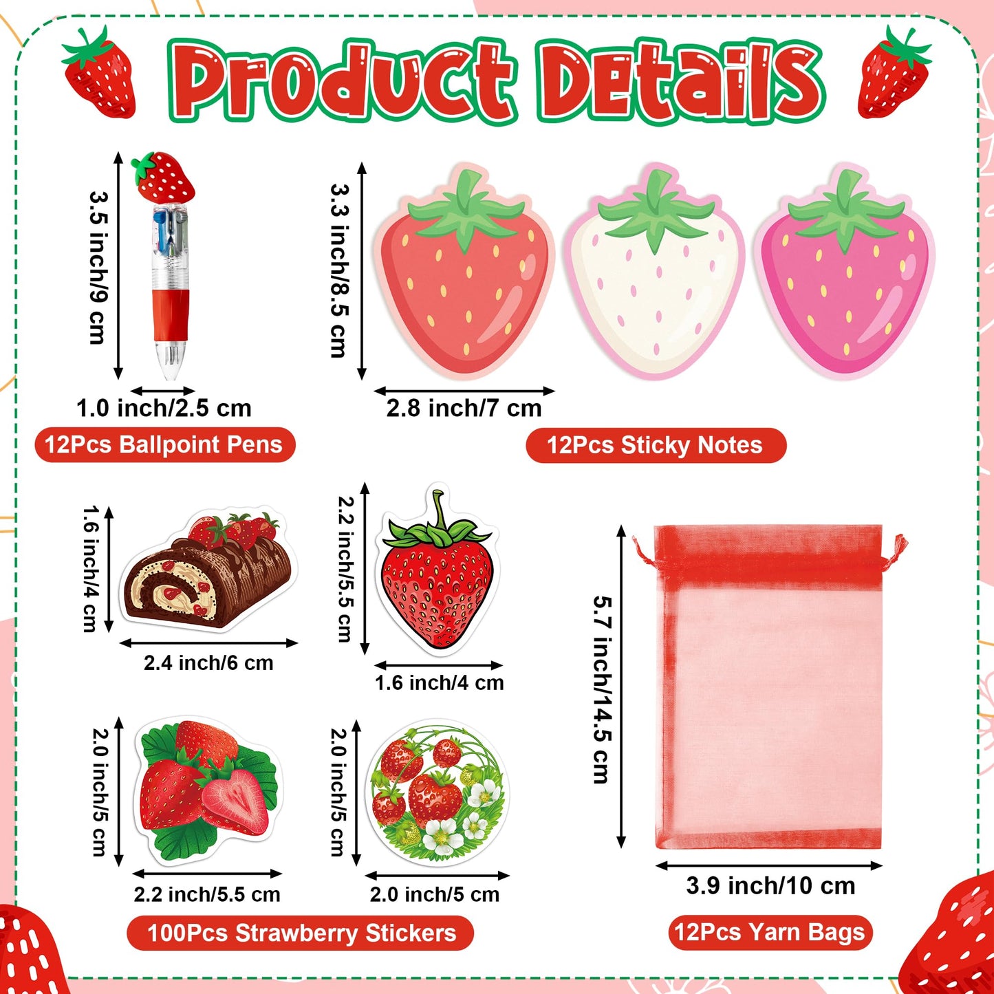 CY2SIDE Strawberry Party Stationery Set - 12 Pack Christmas Party Gifts Include 4-in-1 Ballpoint Pen Sticky Note Sticker and Org