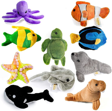 PREXTEX 10 Piece Plush Soft Stuffed Sea Animals - Small Stuffed Animals Bulk - Playset Plush Assortment  Turtle  Stingray  Nemo Fish  Killer Whale and More - Bulk Stuffed Animals