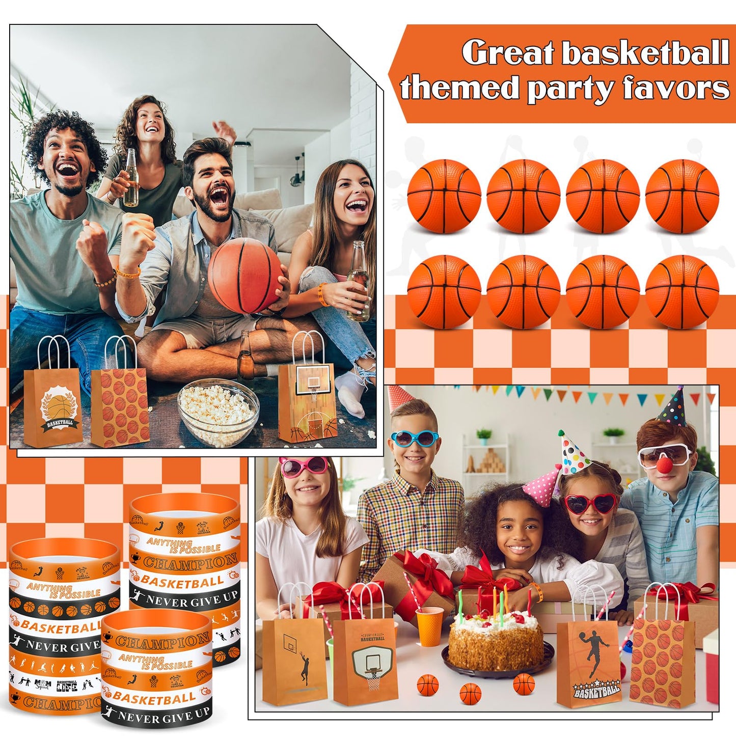 ShinyRelief 72 Pcs Basketball Party Favors Set,24 Basketball Paper Bags 24 Basketball Silicone Wristbands 24 Basketball Stress B