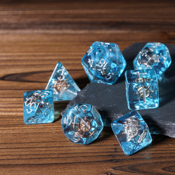 UDIXI 7PCS Polyhedral Dice Set D&D Filled with Rudder, Blue DND Dice with White Floating Silk for Dungeons and Dragons RPG MTG a