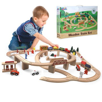 Play Build Wooden Train Set, Complete Toddler Train Set, Interactive Play & Learn Set, Creative Wooden Train Track Design, Premium Quality, Ages 3+ (80 Piece Set)