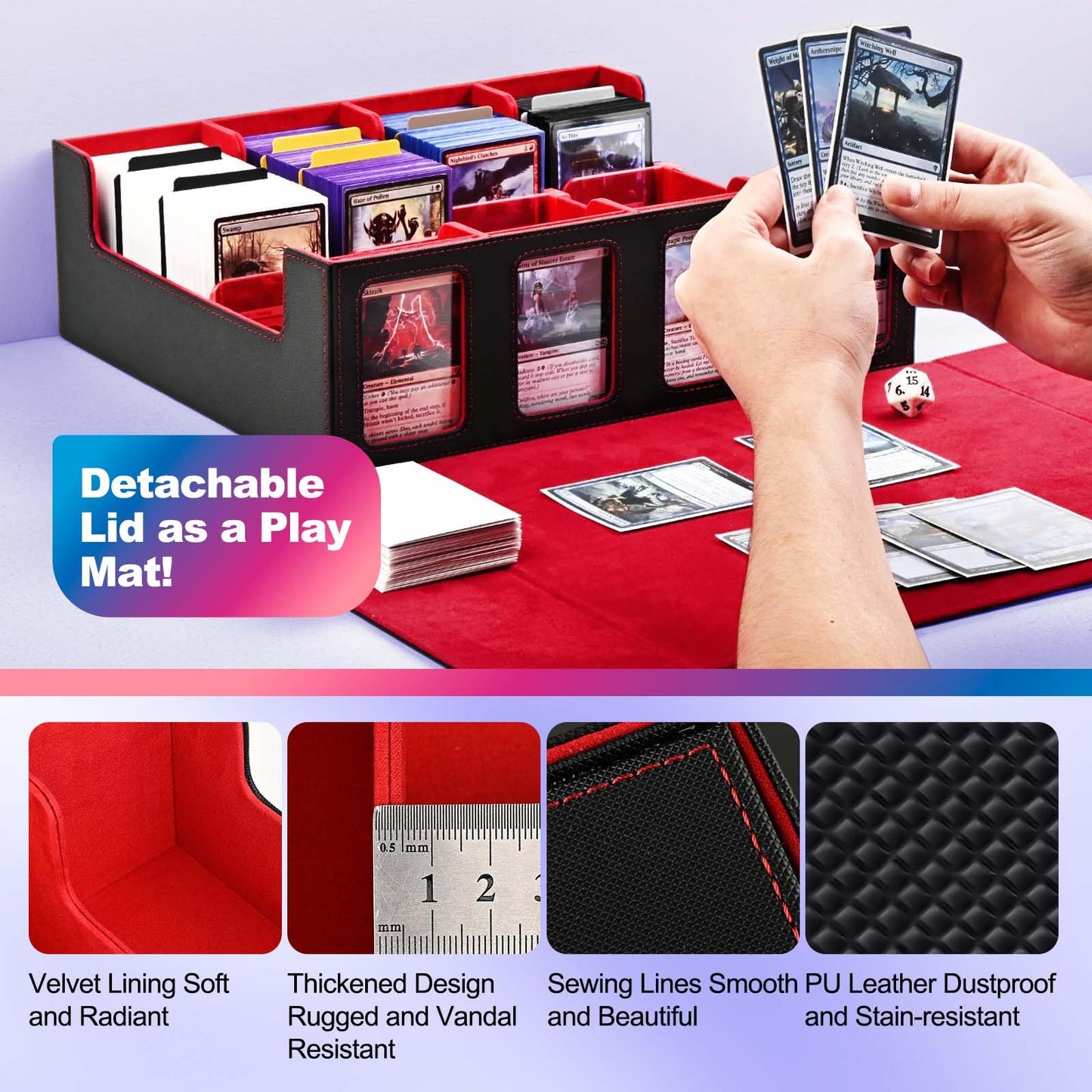 Uaono Trading Card Storage Box With Commander Display; 2400+ Deck Box For Mtg With Removable Cover; Toploader Card Case Fits Magic Tcg Ptcg Sports Cards; 24 Dividers, 4 Stoppers (Black, Red)