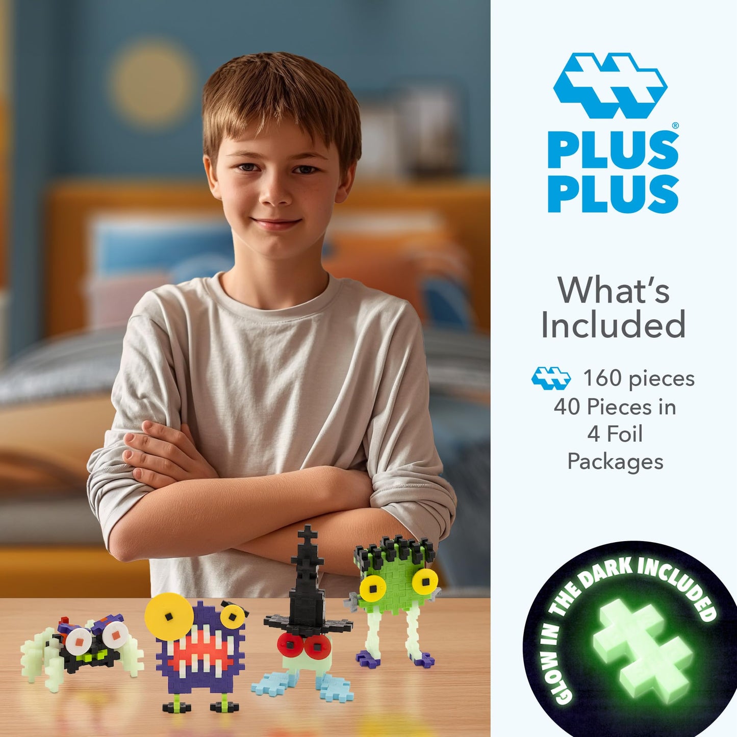 PLUS PLUS Creepy Critter Fun Pack - Halloween 3D Puzzle Set, 160 Glow in The Dark Interlocking Plastic Pieces for Kids