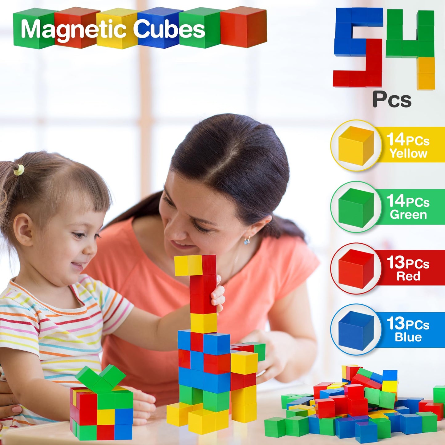 Tigerdoe 54 Pcs Educational Magnetic Cubes for Kids | Sensory Montessori Toys for Boys & Girls | Preschool Educational Magnetic Block Set
